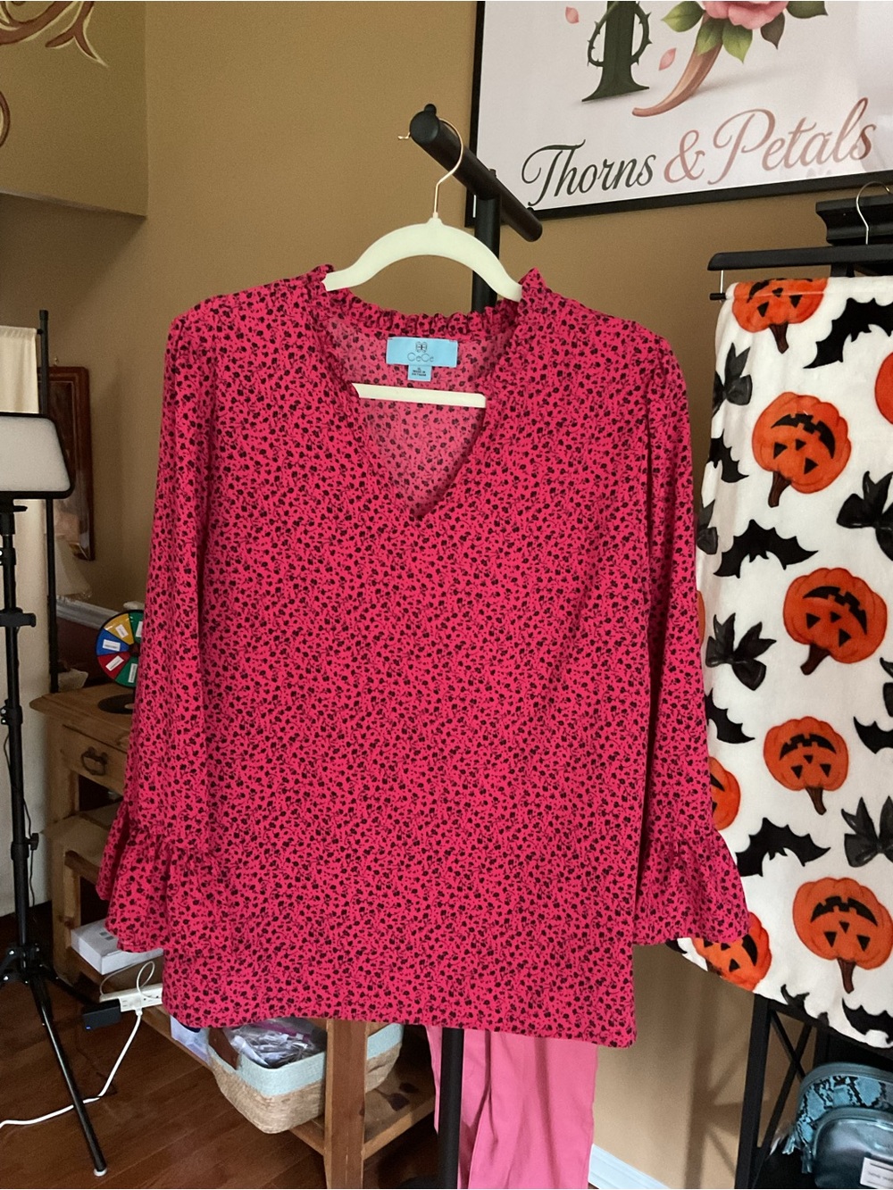 CeCe Hot Pink Black Micro-Print Long Sleeve V-Neck Blouse